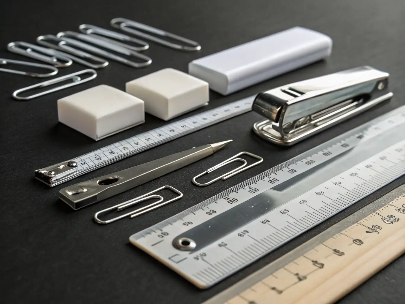 A close-up shot of a stapler, paper clips, and binder clips neatly arranged on a desk, emphasizing the importance of organization in the workplace.