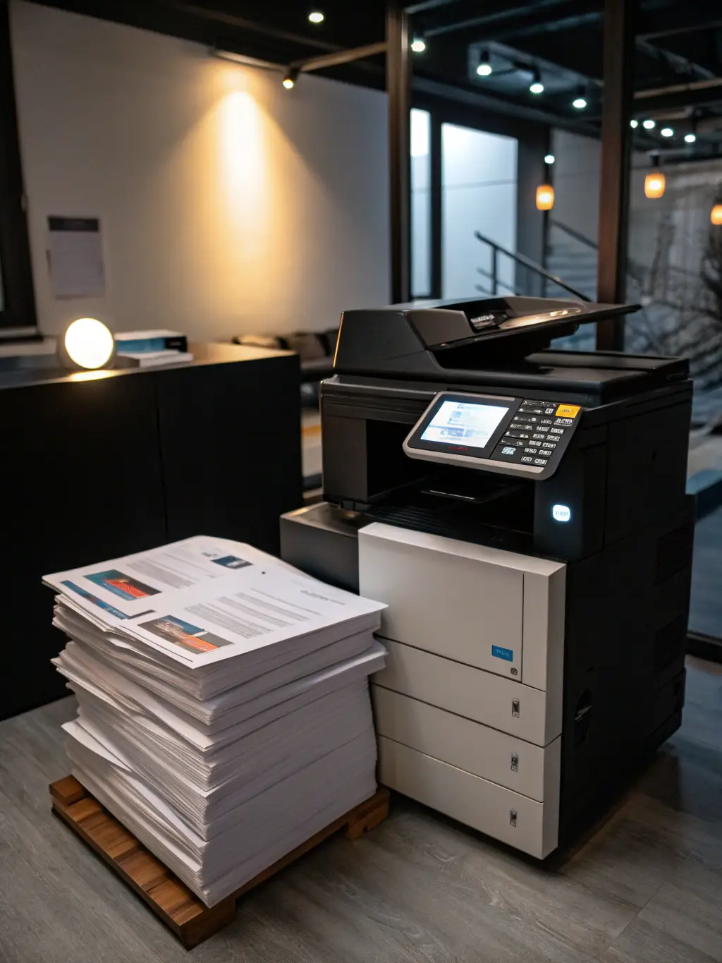 A professional-grade laser printer in an office environment, printing a stack of documents quickly and efficiently.