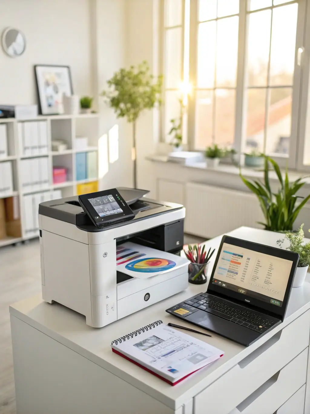 A multifunction printer scanning a document, showcasing its all-in-one capabilities in a small office setting.