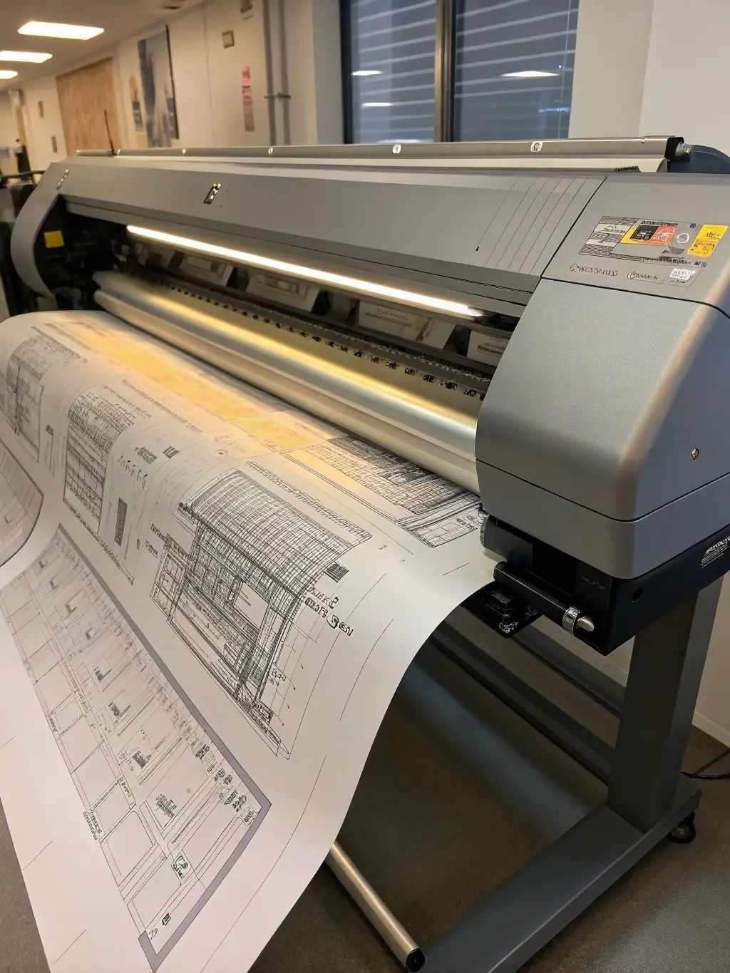 A wide-format printer producing a large architectural drawing, highlighting its ability to handle large-scale printing tasks.