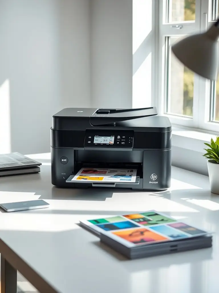 A high-resolution image of a modern inkjet printer on a desk, printing a colorful document, suitable for home use.