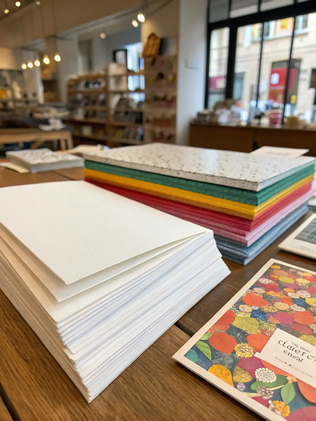 A visually appealing image of different types of printing paper, including glossy, matte, and specialty paper, neatly stacked to showcase the variety offered by Micro Print World.
