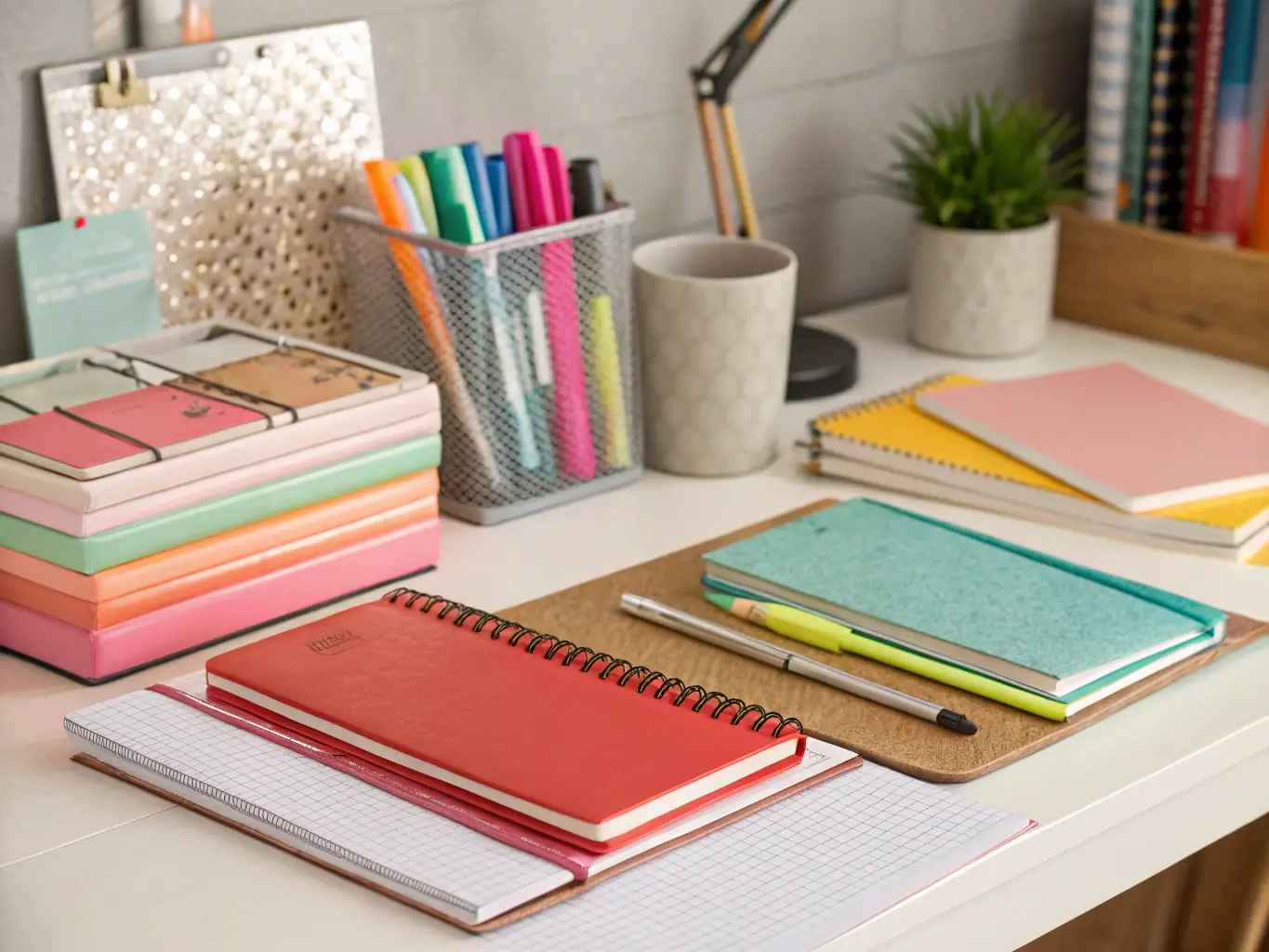 A brightly lit, well-organized office desk featuring a variety of essential office supplies such as pens, staplers, notebooks, and folders, all neatly arranged to convey efficiency and productivity.